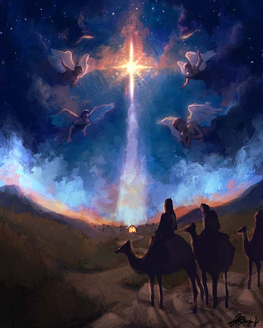 Digital painting of the 3 kings travelling to Bethlehem